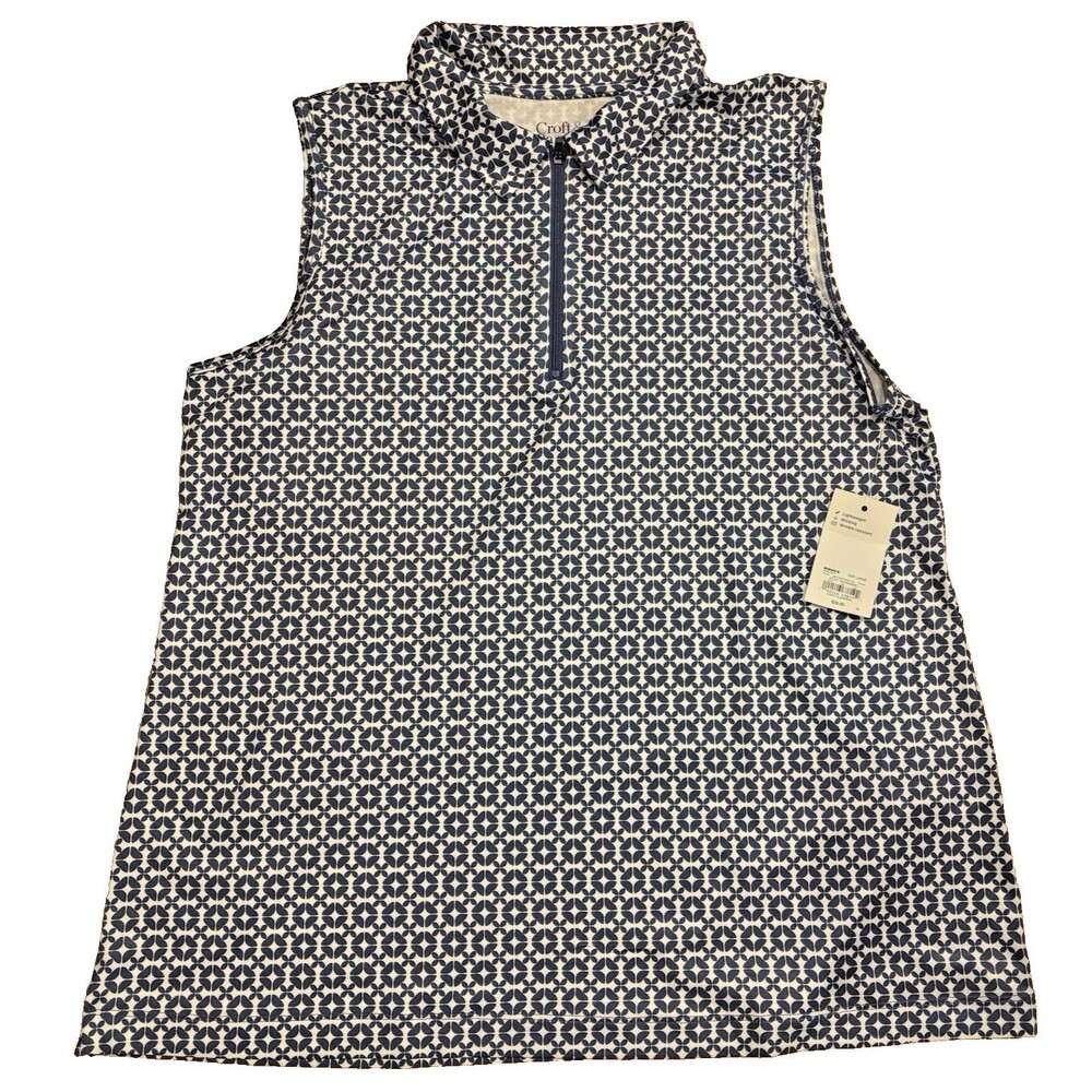 Croft & Barrow Shirt Women's Large Golf Sleeveless Blue White Geo Print Zip NWT